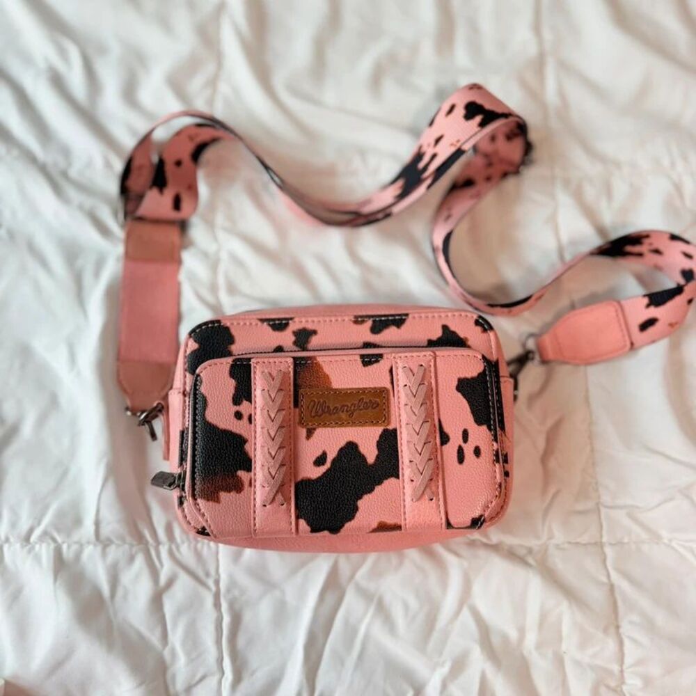 Wrangler Pink Black Cow Print Crossbody Purse Wallet Western Bag